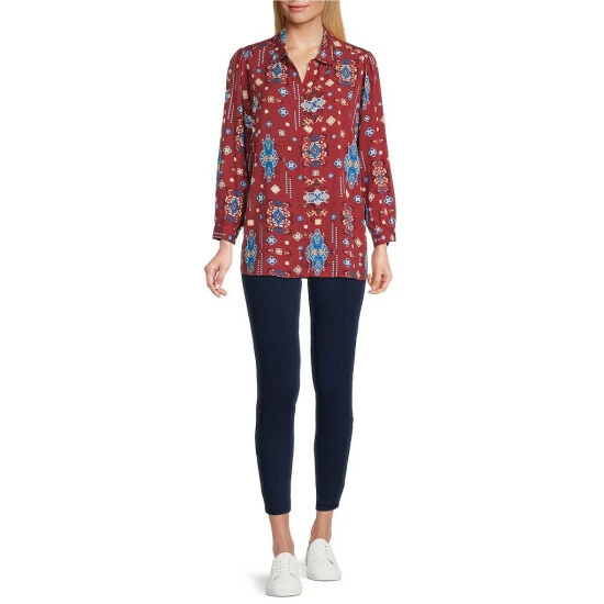 Wholesale π₯ Allison Daley Petite Size Point Collar 3/4 Sleeve Button Front Printed Top Outwest π― - Image 3
