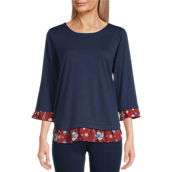 Promo π Allison Daley Round Neck 3/4 Sleeve Button Detail Tiered Twofer Printed Ruffle Top Indigo π