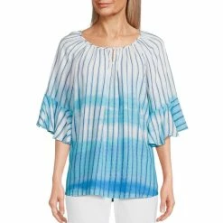 Promo ⌛ Allison Daley Petite Size Vertical Stripe Ombre Print 3/4 Flutter Sleeve Round Keyhole Neck Woven Top 🥰