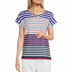 Outlet 👏 Allison Daley Petite Size Stripe Print Criss Cross V-Neck Cap Sleeve Knit Top Yacht Stripe 🌟