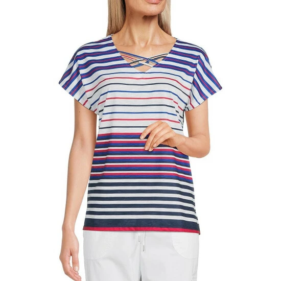 Outlet π Allison Daley Petite Size Stripe Print Criss Cross V-Neck Cap Sleeve Knit Top Yacht Stripe π
