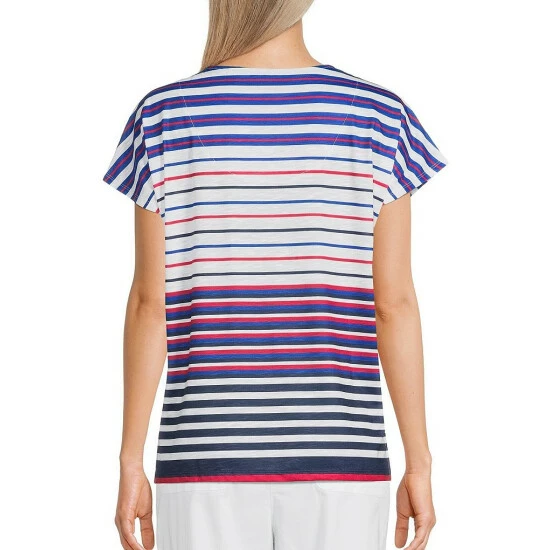 Outlet π Allison Daley Petite Size Stripe Print Criss Cross V-Neck Cap Sleeve Knit Top Yacht Stripe π - Image 2