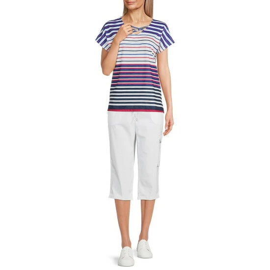 Outlet π Allison Daley Petite Size Stripe Print Criss Cross V-Neck Cap Sleeve Knit Top Yacht Stripe π - Image 3