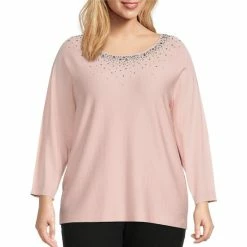 Best reviews of π Allison Daley Plus Size 3/4 Dolman Sleeve Crew Neck Embellished Sweater Blush π€©