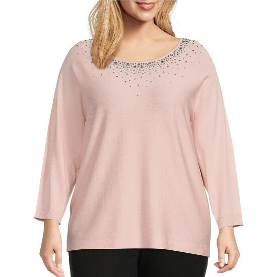Best reviews of π Allison Daley Plus Size 3/4 Dolman Sleeve Crew Neck Embellished Sweater Blush π€©