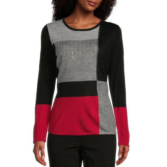 Deals β€οΈ Allison Daley Color Block Long Sleeve Round Neck Rhinestone Embellished Sweater Red/black/charcoal π
