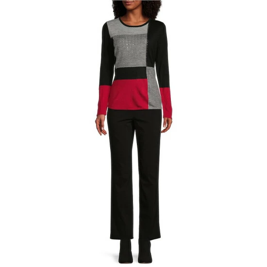 Deals β€οΈ Allison Daley Color Block Long Sleeve Round Neck Rhinestone Embellished Sweater Red/black/charcoal π - Image 3