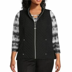 Hot Sale π Allison Daley Plus Size Quilted Mandarin Collar Zip Front Vest Black π₯°