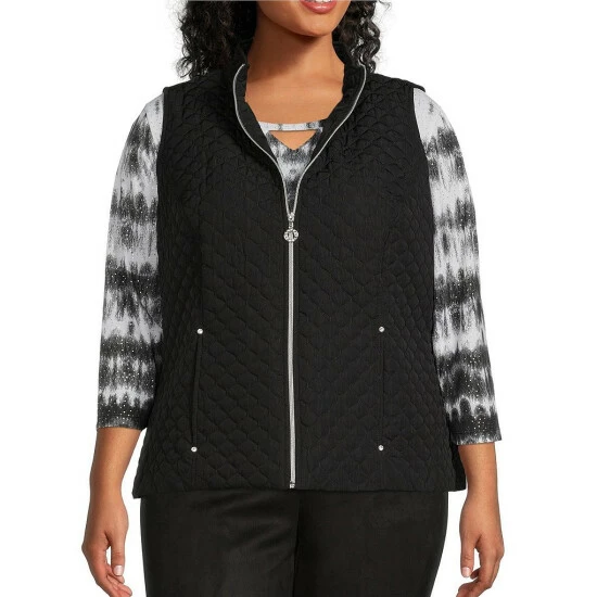 Hot Sale π Allison Daley Plus Size Quilted Mandarin Collar Zip Front Vest Black π₯°