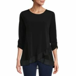 Brand new π Allison Daley 3/4 Ruched Sleeve Faux Wrap Round Neck Uneven Hem Top Black β¨