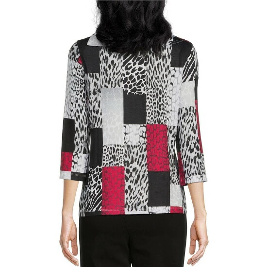 Buy βοΈ Allison Daley Cheetah Patchwork Print 3/4 Sleeve Split Cowl Neck Knit Top β - Image 2