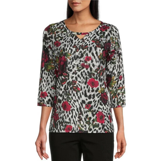 Coupon π Allison Daley Cheetah Floral Print 3/4 Sleeve Keyhole Neck Knit Top π