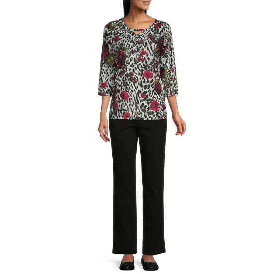 Coupon π Allison Daley Cheetah Floral Print 3/4 Sleeve Keyhole Neck Knit Top π - Image 3