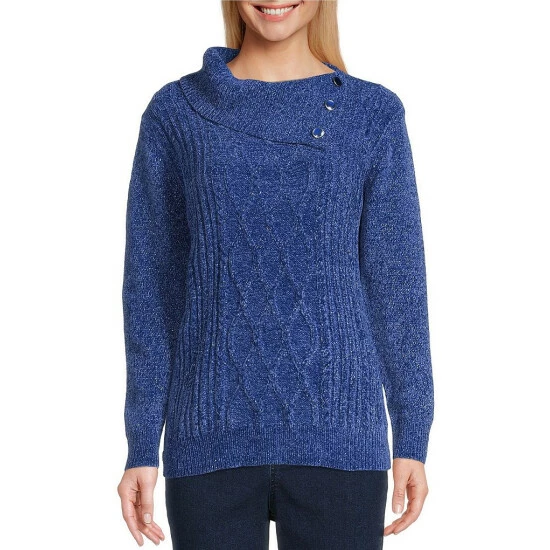 New π Allison Daley Petite Size Long Sleeve Envelope Neck Cable Knit Chenille Sweater Tillandsia Purple π - Image 4