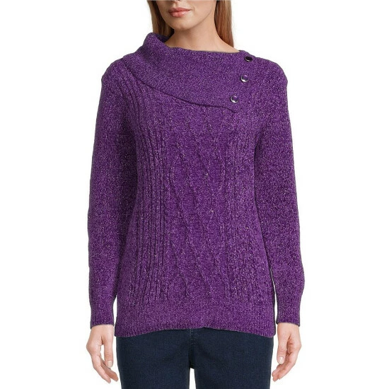New π Allison Daley Petite Size Long Sleeve Envelope Neck Cable Knit Chenille Sweater Tillandsia Purple π - Image 9