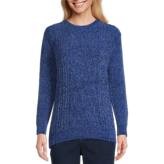 Best Pirce π€© Allison Daley Long Sleeve Jewel Neck Cable Knit Metallic Chenille Sweater Mazarine Blue π - Image 4