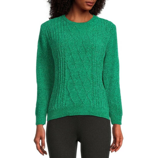 Best Pirce π€© Allison Daley Long Sleeve Jewel Neck Cable Knit Metallic Chenille Sweater Mazarine Blue π - Image 7