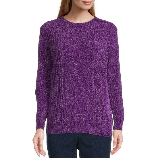 Best Pirce π€© Allison Daley Long Sleeve Jewel Neck Cable Knit Metallic Chenille Sweater Mazarine Blue π - Image 9