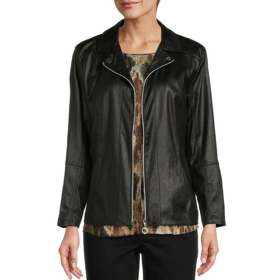 New π Allison Daley Petite Size Notch Lapel Zip Front Faux Suede Jacket Black π₯°