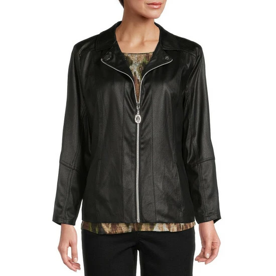 New π Allison Daley Petite Size Notch Lapel Zip Front Faux Suede Jacket Black π₯° - Image 4