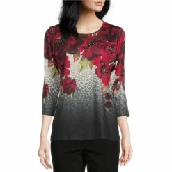 Budget 🔥 Allison Daley Petite Size Animal Floral Print 3/4 Sleeve Crew Neck Knit Top 💯