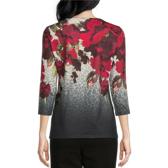 Budget π₯ Allison Daley Petite Size Animal Floral Print 3/4 Sleeve Crew Neck Knit Top π― - Image 2