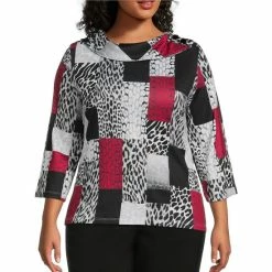 Promo ❤️ Allison Daley Plus Size Cheetah Print 3/4 Sleeve Split Cowl Neck Knit Top Cheetah Patch 🎉
