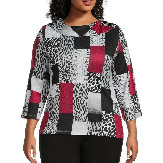 Promo ❤️ Allison Daley Plus Size Cheetah Print 3/4 Sleeve Split Cowl Neck Knit Top Cheetah Patch 🎉