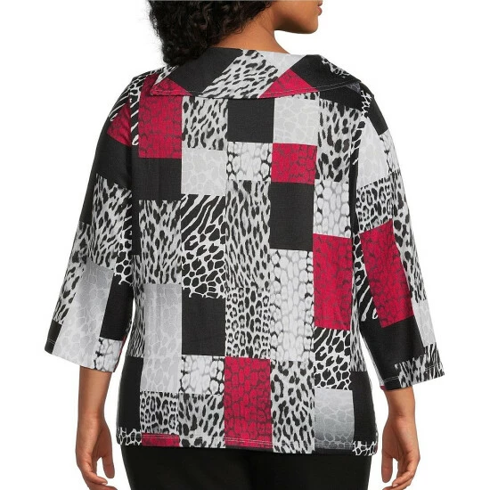 Promo ❤️ Allison Daley Plus Size Cheetah Print 3/4 Sleeve Split Cowl Neck Knit Top Cheetah Patch 🎉 - Image 2