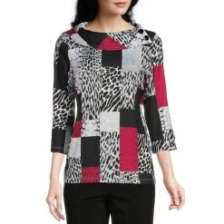 New 🎉 Allison Daley Petite Size Cheetah Print 3/4 Sleeve Split Cowl Neck Knit Top Cheetah Patch 🔥