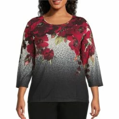 Outlet ⌛ Allison Daley Plus Size Animal Floral Print 3/4 Sleeve Round Neck Knit Top 🔥