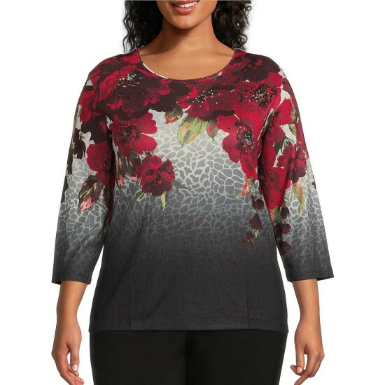 Outlet ⌛ Allison Daley Plus Size Animal Floral Print 3/4 Sleeve Round Neck Knit Top 🔥 3 Outlet ⌛ Allison Daley Plus Size Animal Floral Print 3/4 Sleeve Round Neck Knit Top 🔥
