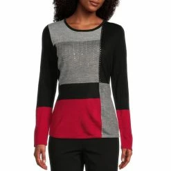 Outlet ✨ Allison Daley Petite Size Color Block Long Sleeve Round Neck Embellished Sweater Red/black/charcoal 🔔