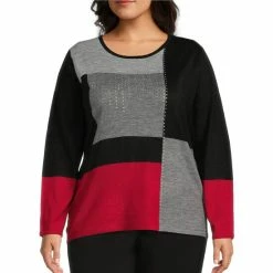 Outlet 🔔 Allison Daley Plus Size Color Block Long Sleeve Crew Neck Rhinestone Embellished Sweater Red/black/charcoal 💯