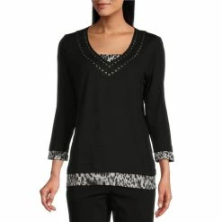 Buy ✔️ Allison Daley Embellished Cheetah Print V-Neck 3/4 Sleeve Layered Twofer Knit Top Black/cheetah Print ❤️
