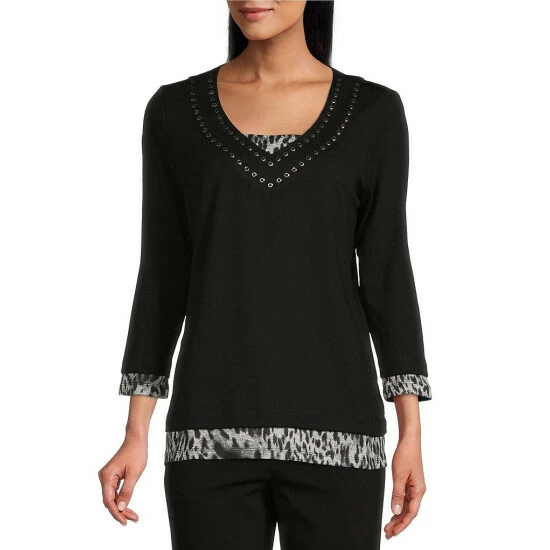 Buy ✔️ Allison Daley Embellished Cheetah Print V-Neck 3/4 Sleeve Layered Twofer Knit Top Black/cheetah Print ❤️ 3 Buy ✔️ Allison Daley Embellished Cheetah Print V-Neck 3/4 Sleeve Layered Twofer Knit Top Black/cheetah Print ❤️
