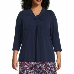 Promo π Allison Daley Plus Size 3/4 Sleeve Twist V-Neck Knit Top True Navy π