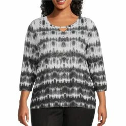 Promo π€© Allison Daley Plus Size Boho Shibori Print 3/4 Sleeve Keyhole Neck Knit Top β