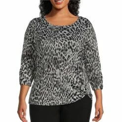 New 🎁 Allison Daley Plus Size Cheetah Print 3/4 Sleeve Round Neck Knot Hem Knit Top 🌟