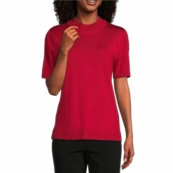 Cheap π₯ Allison Daley Short Sleeve Ribbed Mock Neck Sweater Crimson π