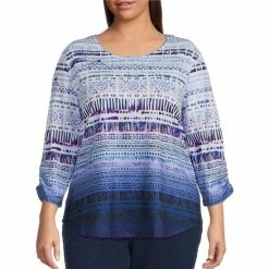 Deals 😀 Allison Daley Plus Size Ombre Striped Print 3/4 Sleeve Round Neck Knit Top Willow Tier 🛒