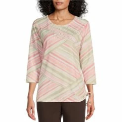 Best Pirce 💯 Allison Daley Embellished Watercolor Stripe Print 3/4 Sleeve Crew Neck Ruched Side Tie Knit Top Light Khaki Watercolor Stripe 🧨