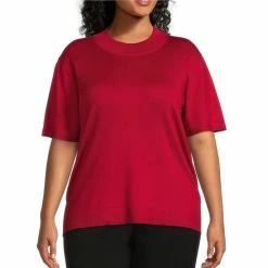 Discount 🌟 Allison Daley Plus Size Short Sleeve Crew Neck Ribbed Hem Sweater Crimson 😉