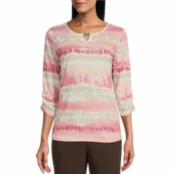 Cheap π Allison Daley Petite Size Sunset Stripe Print 3/4 Ruched Sleeve Keyhole Neck Knit Top π§¨