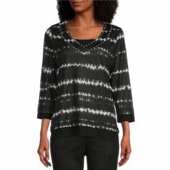 Discount π Allison Daley Shibori Striped Print 3/4 Sleeve V-Neck Knit Twofer Top π