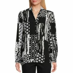 Coupon ⭐ Allison Daley Shibori Patch Print Long Sleeve V-Neck Button Front Top 🎉