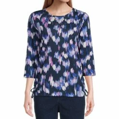 Brand new 😍 Allison Daley Petite Size Brushstroke Print 3/4 Sleeve Crew Neck Ruched Side Tie Knit Top Soft Brushstroke 🎉