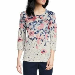 Deals β Allison Daley Petite Size Embellished Floral Print 3/4 Sleeve Crew Neck Rhinestone Embellished Knit Top Watercolor Poppy π