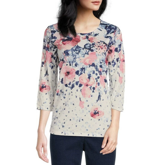 Deals ⌛ Allison Daley Petite Size Embellished Floral Print 3/4 Sleeve Crew Neck Rhinestone Embellished Knit Top Watercolor Poppy 👏 3 Deals ⌛ Allison Daley Petite Size Embellished Floral Print 3/4 Sleeve Crew Neck Rhinestone Embellished Knit Top Watercolor Poppy 👏