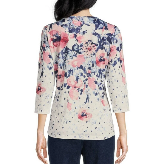 Deals ⌛ Allison Daley Petite Size Embellished Floral Print 3/4 Sleeve Crew Neck Rhinestone Embellished Knit Top Watercolor Poppy 👏 4 Deals ⌛ Allison Daley Petite Size Embellished Floral Print 3/4 Sleeve Crew Neck Rhinestone Embellished Knit Top Watercolor Poppy 👏 - Image 2